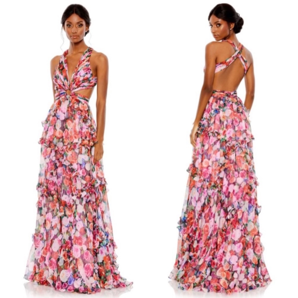 Mac Duggal Ruffled Cut Out Sleeveless Gown Maxi Dress 68076 Multi Floral Size 0